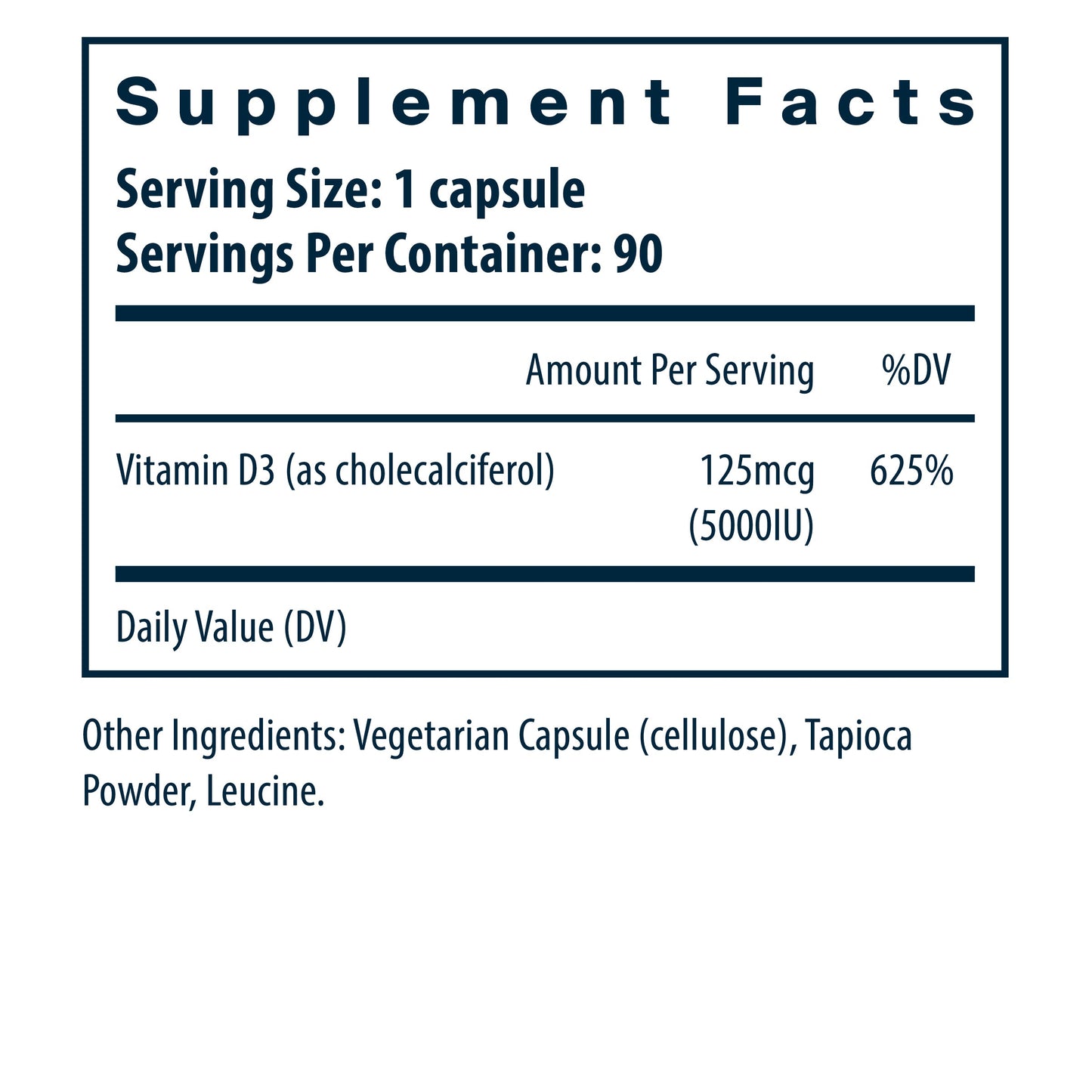 Vital Nutrients Vitamin D3 5000IU 90 capsules supplement facts.