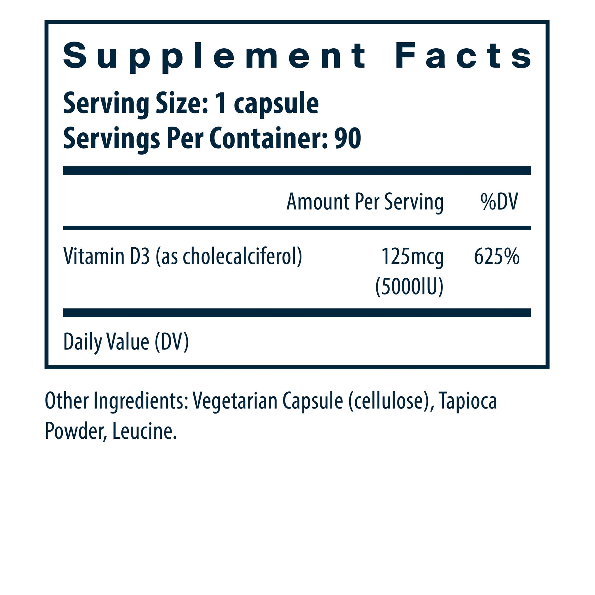 Vital Nutrients Vitamin D3 5000IU 90 capsules supplement facts.