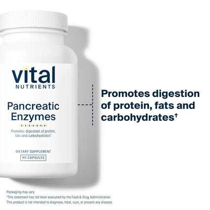 Vital Nutrients Pancreatic Enzymes 90 ct promotes digestion of protein, fats and carbohydrates.*
